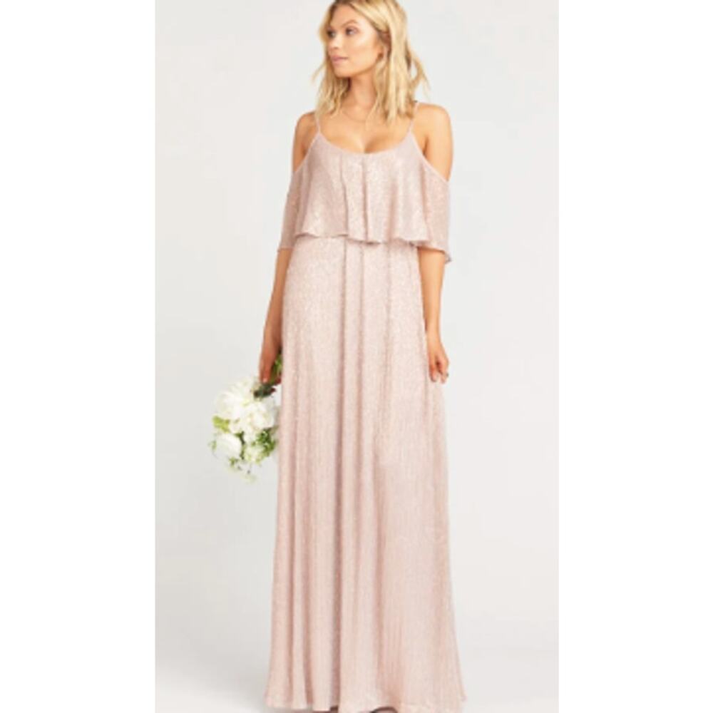 Show Me Your Mumu Caitlin Ruffle Maxi Dress Gown Mauve Metallic Pink XXS NEW